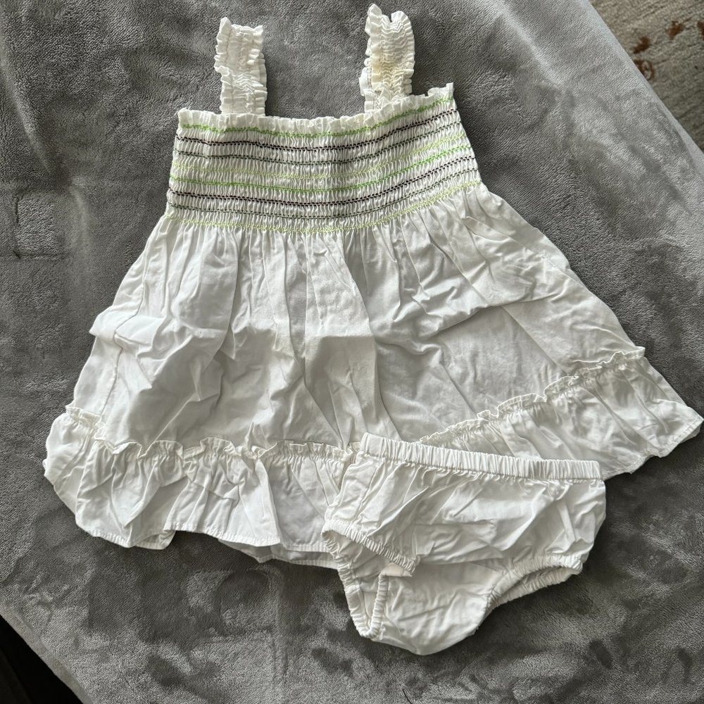 Baby Gap White Rouched Dress with Stripe Detail & Matching Bloomers Sz 0-3 mos